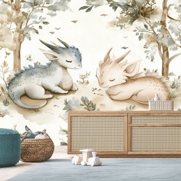 Fototapeta do pokoju dziecka, Śpiące Smoki Zwierzęta w lesie beżowy - 200x140