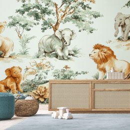 Fototapeta dziecięca na ścianę, Słonie Lwy Dżungla - 200x140