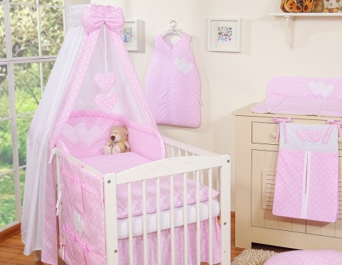 Pościel 5-cz z baldachimem- Wiszące Serduszka białe grochy na różowym