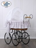 Kosz Mojżesza Retro Jasmine - Naturalny + różowo-biała pościel z białą haftowaną koronką