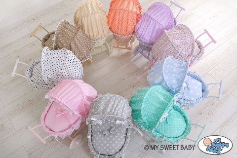 Wiklinowy wózek dla lalek wysoki z turkusową pościelką i wyściółką- biały