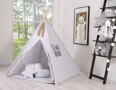 Namiot TIPI dla dzieci + mata + poduszki + zawieszki pióra - szary Namiot TIPI dla dzieci + mata + poduszki + zawieszki pióra - szary