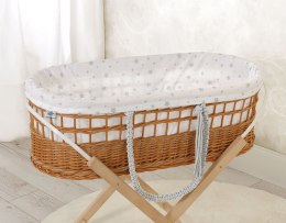 Kosz mojżesza BOHO wiklinowy ze stojakiem z wyściółką bawełnianą - mini gwiazdki szare