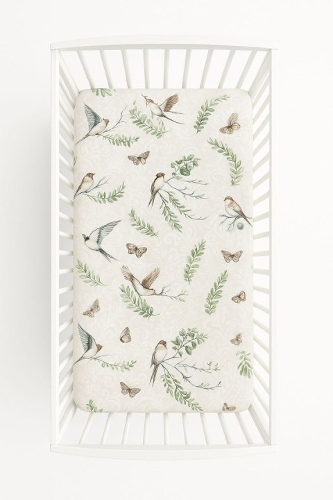 Prześcieradło bawełniane z gumką do łóżeczka 120x60 cm - brown birds Prześcieradło bawełniane z gumką do łóżeczka 120x60 cm - brown birds