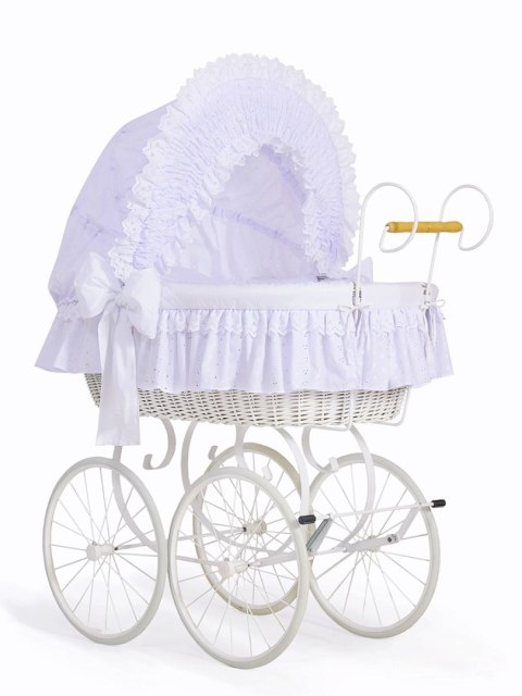 Wiklinowy kosz Mojżesza Retro ze składaną budką Charlote - biały + biała pościel z koronką