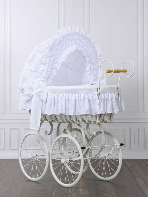 Wiklinowy kosz Mojżesza Retro ze składaną budką Charlote - biały + biała pościel z koronką