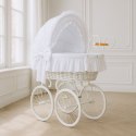 Wiklinowy kosz Mojżesza Retro ze składaną budką Charlote - biały + biała pościel z koronką