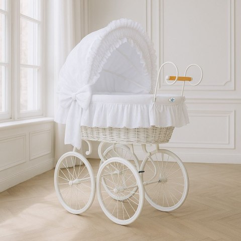 Wiklinowy kosz Mojżesza Retro ze składaną budką Charlote - biały + biała pościel z koronką