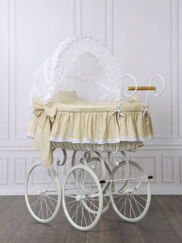 Wiklinowy kosz Mojżesza Retro ze składaną budką Christine - biały + beżowa pościel z koronką
