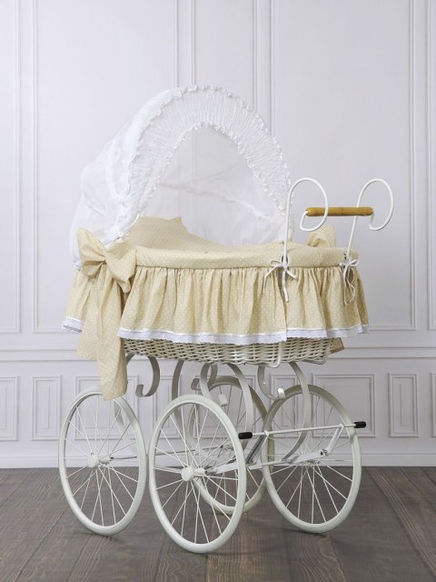 Wiklinowy kosz Mojżesza Retro ze składaną budką Christine - biały + beżowa pościel z koronką