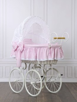 Wiklinowy kosz Mojżesza Retro ze składaną budką Christine - biały + różowa pościel z koronką