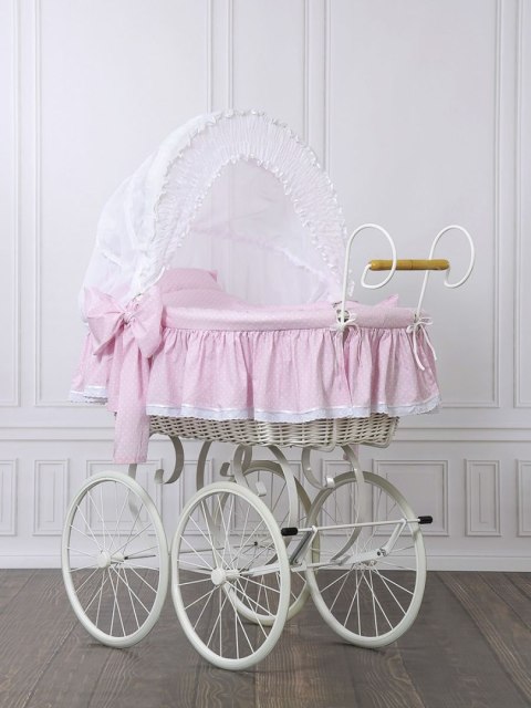 Wiklinowy kosz Mojżesza Retro ze składaną budką Christine - biały + różowa pościel z koronką