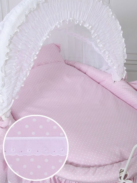 Wiklinowy kosz Mojżesza Retro ze składaną budką Christine - biały + różowa pościel z koronką