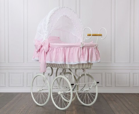 Wiklinowy kosz Mojżesza Retro ze składaną budką Christine - biały + różowa pościel z koronką