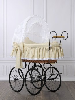 Wiklinowy kosz Mojżesza Retro ze składaną budką Christine - naturalny + beżowa pościel z koronką