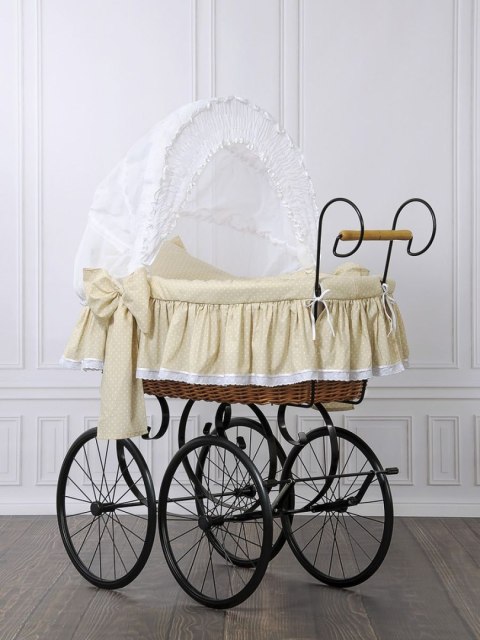 Wiklinowy kosz Mojżesza Retro ze składaną budką Christine - naturalny + beżowa pościel z koronką