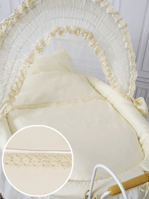 Wiklinowy kosz Mojżesza Retro ze składaną budką Eliza - biały + kremowa pościel z koronką