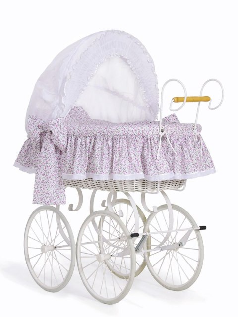Wiklinowy kosz Mojżesza Retro ze składaną budką Jasmine - biały + różowa pościel z koronką