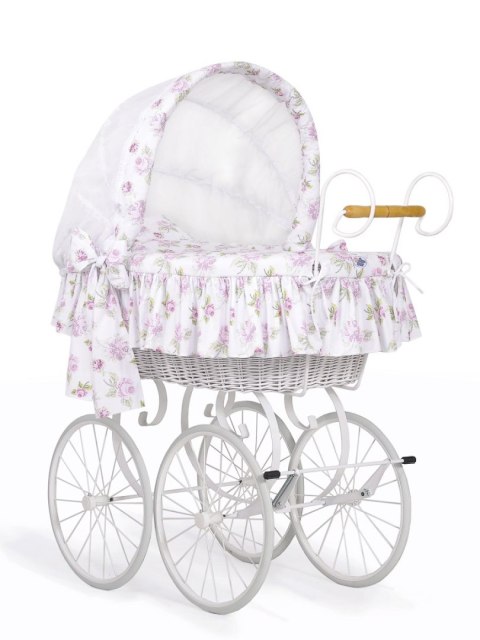 Wiklinowy kosz Mojżesza Retro ze składaną budką Mia - biały + biało - różowa pościel