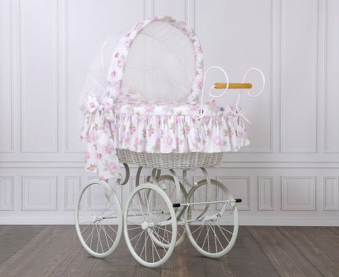 Wiklinowy kosz Mojżesza Retro ze składaną budką Mia - biały + biało - różowa pościel