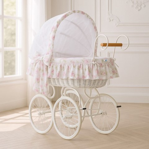 Wiklinowy kosz Mojżesza Retro ze składaną budką Mia - biały + biało - różowa pościel