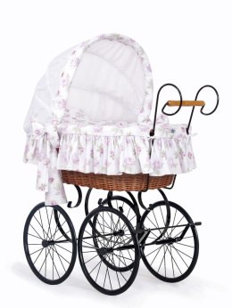 Wiklinowy kosz Mojżesza Retro ze składaną budką Mia - naturalny + pościel biało - różowa