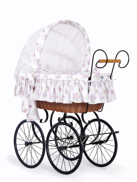 Wiklinowy kosz Mojżesza Retro ze składaną budką Mia - naturalny + pościel biało - różowa