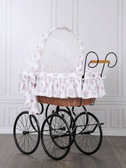 Wiklinowy kosz Mojżesza Retro ze składaną budką Mia - naturalny + pościel biało - różowa