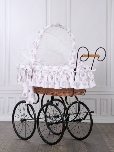 Wiklinowy kosz Mojżesza Retro ze składaną budką Mia - naturalny + pościel biało - różowa