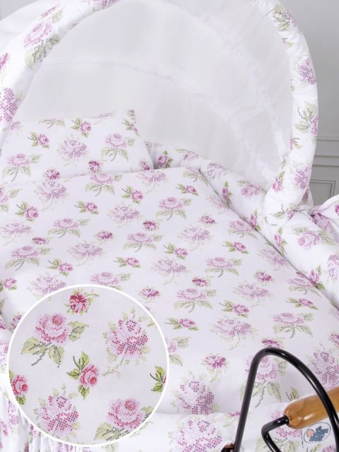 Wiklinowy kosz Mojżesza Retro ze składaną budką Mia - naturalny + pościel biało - różowa