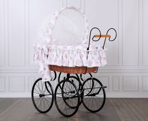 Wiklinowy kosz Mojżesza Retro ze składaną budką Mia - naturalny + pościel biało - różowa