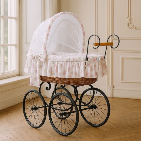 Wiklinowy kosz Mojżesza Retro ze składaną budką Mia - naturalny + pościel biało - różowa