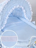 Wiklinowy kosz Mojżesza Retro ze składaną budką Victoria - biały + niebieska pościel z koronką