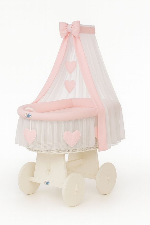 Wiklinowy kosz Mojżesza z baldachimem Amelia - biały + różowa pościel