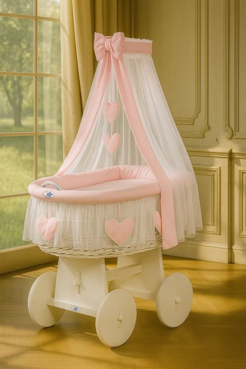 Wiklinowy kosz Mojżesza z baldachimem Amelia - biały + różowa pościel