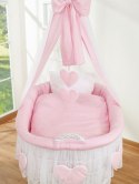 Wiklinowy kosz Mojżesza z baldachimem Amelia - biały + różowa pościel