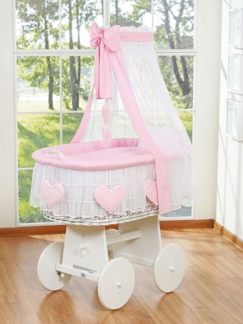 Wiklinowy kosz Mojżesza z baldachimem Amelia - biały + różowa pościel