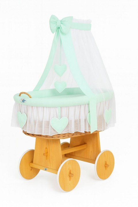 Wiklinowy kosz Mojżesza z baldachimem Amelia - naturalny + miętowa pościel