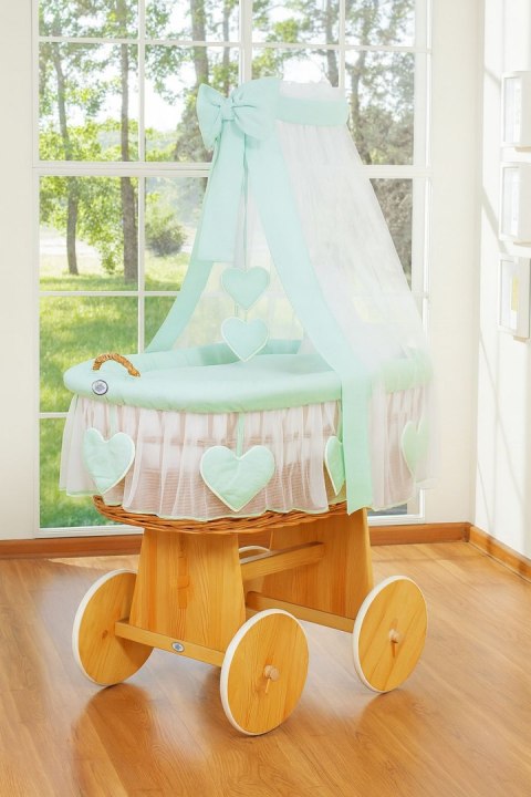 Wiklinowy kosz Mojżesza z baldachimem Amelia - naturalny + miętowa pościel