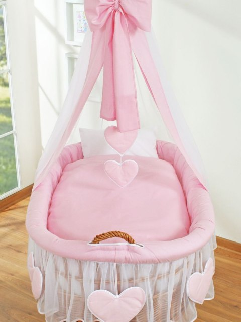 Wiklinowy kosz Mojżesza z baldachimem Amelia - naturalny + różowa pościel