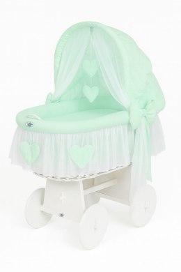 Wiklinowy kosz Mojżesza ze składaną budką Amelia - biały + miętowa pościel