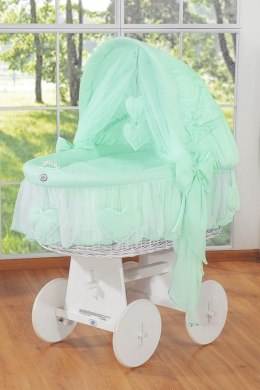 Wiklinowy kosz Mojżesza ze składaną budką Amelia - biały + miętowa pościel