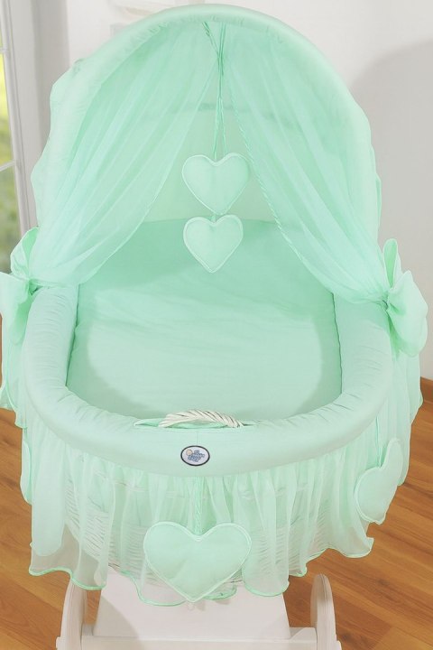 Wiklinowy kosz Mojżesza ze składaną budką Amelia - biały + miętowa pościel