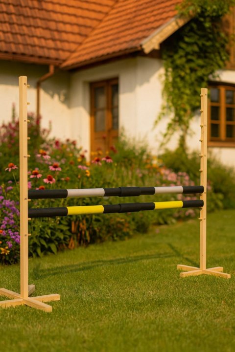 Przeszkoda skokowa do Hobby Horse 160cm, h-120 cm, dwie belki - czarno-złota i czarno-srebrna