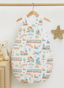 Śpiworek niemowlęcy całoroczny ocieplany 75 cm- pociąg turkusowy