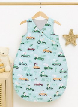 Śpiworek niemowlęcy całoroczny ocieplany 75 cm- zające w autkach miętowe