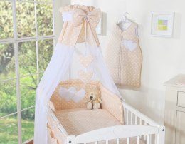 Pościel 5-cz z baldachimem- Wiszące Serduszka białe grochy na beżu