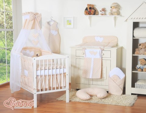 Pościel 5-cz z baldachimem- Wiszące Serduszka białe grochy na beżu