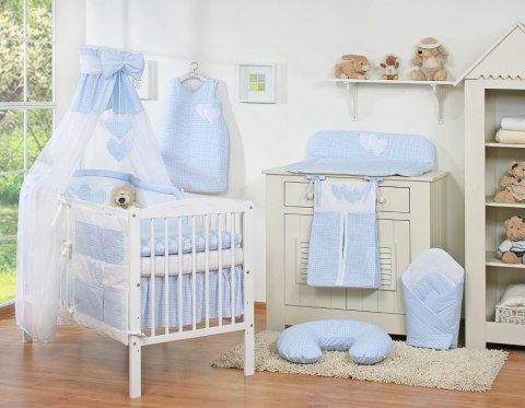 Pościel 5-cz z baldachimem- Wiszące Serduszka kratka niebieska