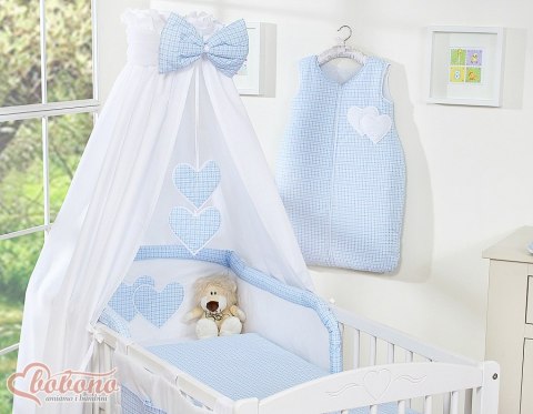 Pościel 5-cz z baldachimem- Wiszące Serduszka kratka niebieska
